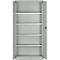 Open, gray steel cabinet, with white shelves inside.
