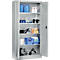 Grijze kast met open deur, gevuld met diverse gereedschappen, containers en materialen. Zicht in een werkplaats.