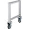 Gray metal frame with casters. Rectangular shape with two wheels at the bottom and two feet at the top.
