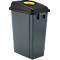 Grauer Mülleimer mit schwarzem Deckel und gelber Öffnung. Der Mülleimer hat einen Griff und steht aufrecht.