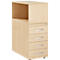 Beige office cabinet with four drawers and an open compartment. Silver metal handles.