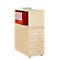 Beige office cabinet with red folders and drawers.