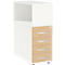 White, narrow desk cabinet with wooden drawers, open shelf on top.