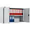 Grauer Stahlschrank, offen, mit roten und blauen Aktenordnern.