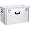 Silberne Aluminiumbox mit Griffen und Verschlüssen. Die Oberfläche ist geriffelt.