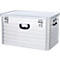 Silberne Aluminiumbox mit schwarzem Griff und zwei Verschlüssen. Geriffelte Oberfläche.