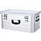 Silberne Aluminiumbox mit schwarzem Griff und zwei Verschlüssen.