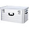 Silberne Aluminiumbox mit Deckel, Griffen und Verschlüssen.