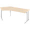 Light brown corner desk with silver, height-adjustable legs. The desk is set against a white background.