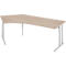 Beige corner desk with light, height-adjustable legs. Wood look.