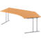 Light brown desk with a curved edge and white metal legs.