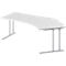 A white corner desk with silver legs, standing at an angle.