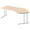 An ergonomic desk with a light brown wooden top and silver legs, adjustable in height.