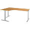 L-shaped desk with adjustable gray legs and light brown tabletop.