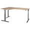 Light-colored corner desk made of wood, height-adjustable, gray metal legs.