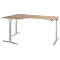 An adjustable corner desk with a light brown tabletop and grey legs, against a white background.