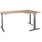 Corner desk with light brown tabletop and gray, height-adjustable frame.