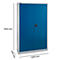 Armoire en acier bleu à deux portes, cadre argenté, bouton rotatif noir. Les dimensions sont indiquées.