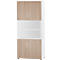 Armoire haute avec deux portes en haut et en bas, partie centrale blanche avec étagères. Portes couleur bois avec poignées argentées.