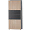 Armoire haute avec portes brun clair et un compartiment ouvert et sombre au milieu. Poignées et pieds argentés.