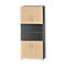 Grand meuble de bureau aspect bois avec portes et compartiments ouverts.