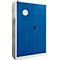 Armoire bleue pour matières dangereuses avec cadres blancs. Un panneau d'avertissement rond sur la porte. Poignée noire.