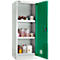Armoire ouverte, peinture verte et blanche, remplie de flacons et de bidons de laboratoire.