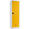 Casier blanc avec porte jaune. Poignée noire et fentes de ventilation en bas.