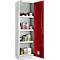 Armoire en acier blanc avec porte rouge ouverte, remplie de récipients et de bouteilles de produits chimiques.