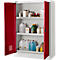 Armoire blanche ouverte avec portes rouges remplie de bouteilles et de conteneurs pour produits chimiques.