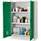Armoire chimique verte ouverte contenant des contenants de produits chimiques de différentes tailles et formes.
