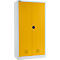 Armoire jaune à deux portes, poignée noire et fentes d'aération. Les côtés sont gris clair.
