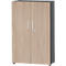 Armoire à deux portes, aspect bois clair, poignées argentées, corps et couvercle gris.