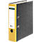 Binder with yellow edge and label. Dark gray, open pages, metal rings. The lettering "SCHÄFER SHOP" can be seen.