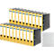 Stacked dark grey and yellow file folders with individual clear sheet protectors beside.