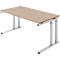 Bureau brun clair avec pieds en métal, isolé sur fond blanc.
