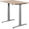 Un bureau réglable en hauteur avec un plateau en bois et une structure métallique grise. La table est montrée en détail.