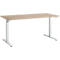 Bureau met licht houten blad en witte in hoogte verstelbare poten.
