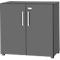 Grey cabinet with two doors and silver handles. Minimalist design.