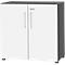 White cabinet with two doors, silver handles and a gray top.