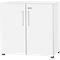 White cabinet with two doors, silver handles and black feet.