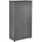 Grey cabinet with two doors, silver handles, and a keyhole.