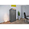 Dark grey filing cabinet in an office, next to a floor lamp and a plant.