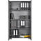 Grey filing cabinet with open doors filled with folders, baskets, and drawers.