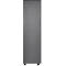 A gray cabinet, narrow shape, stands on small black feet.
