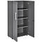 Grey cabinet with open doors. It has four shelves. On the left side is a metal handle.