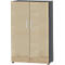 Cabinet with light wooden doors, gray frame and silver handles. Dark gray top and sides.