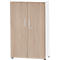 A cabinet with two doors, wood grain, silver handles, and a white side panel. Small black feet underneath.