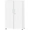 White cabinet with two doors, silver handles, and small lock.