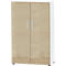 Wooden-look cabinet with two doors, silver handles, and a small lock.